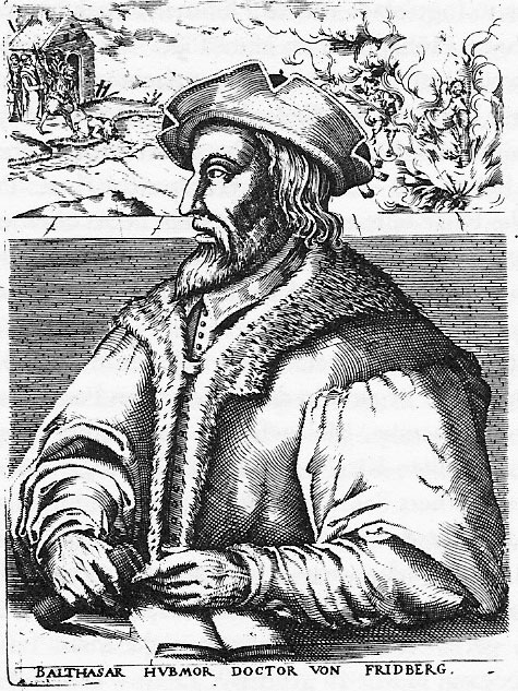 Balthasar Hubmaier, drvorez s natpisom Balthasar Hubmor doctor von Fridberg